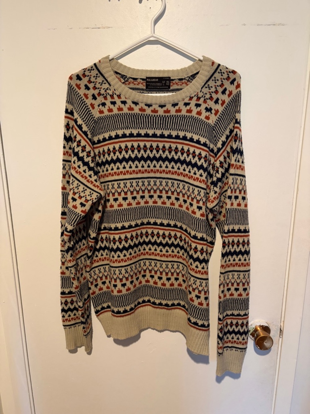 Pull&Bear Cream Fair Isle Crewneck with Navy & Rust Accents